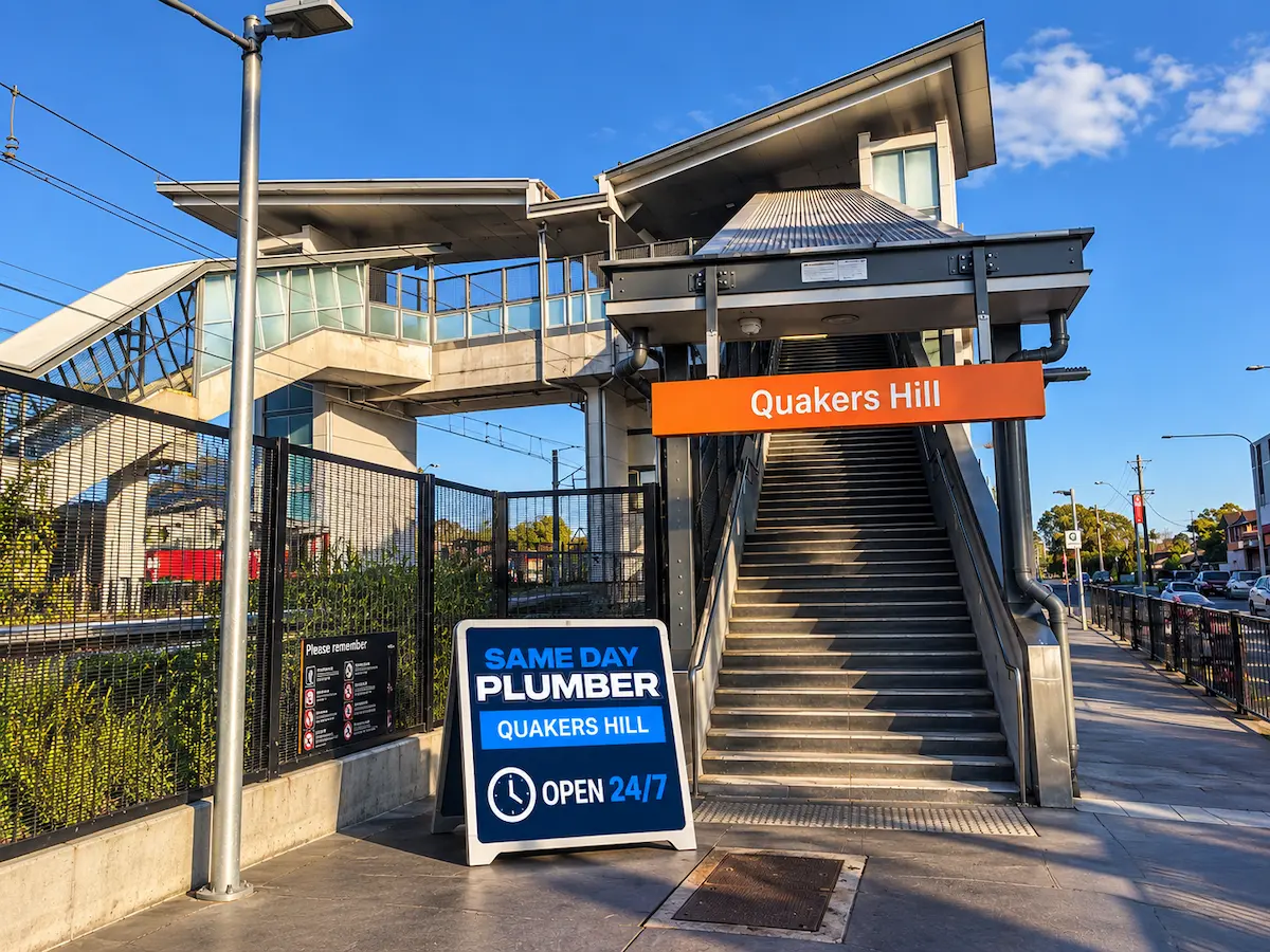 Home 11 Quakers Hill Station and Plumber Sign